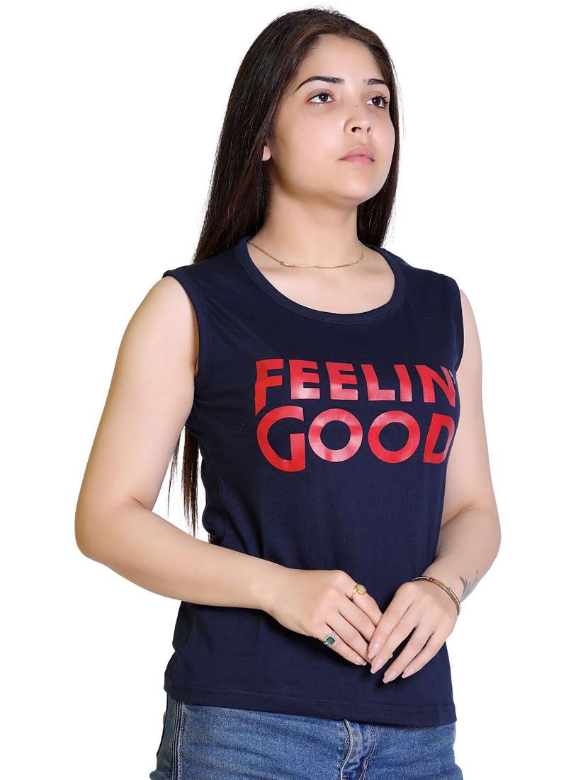 women chest print cotton sleeveless t-shirt - 21033662 -  Standard Image - 1