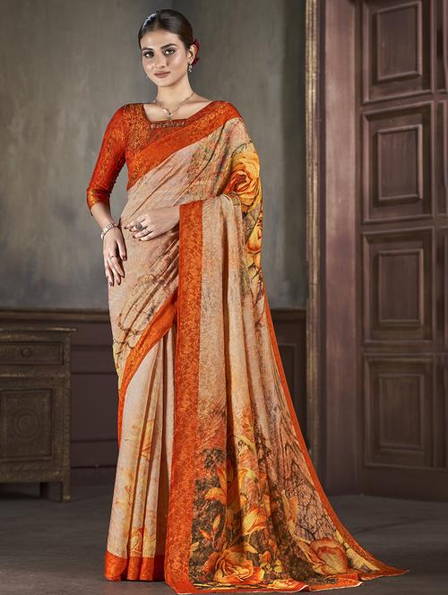 women orange floral printed saree with blouse - 21033974 - Standard Image - 0