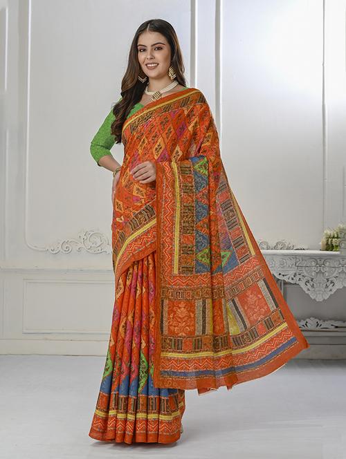 women orange printed saree with blouse - 21034003 - Standard Image - 0