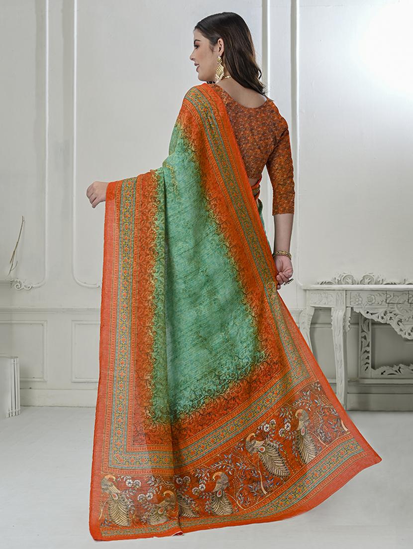 women green printed bordered saree with blouse - 21034006 -  Standard Image - 1