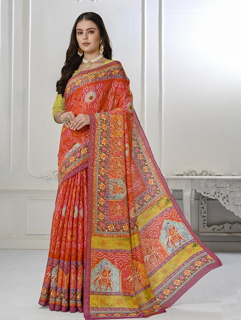 women bandhani printed saree with blouse
