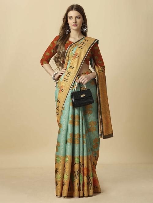 women green printed saree with blouse - 21034013 -  Standard Image - 0