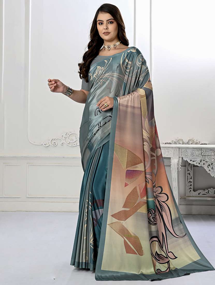 wome blue printed saree with blouse - 21034026 - Zoom Image - 0