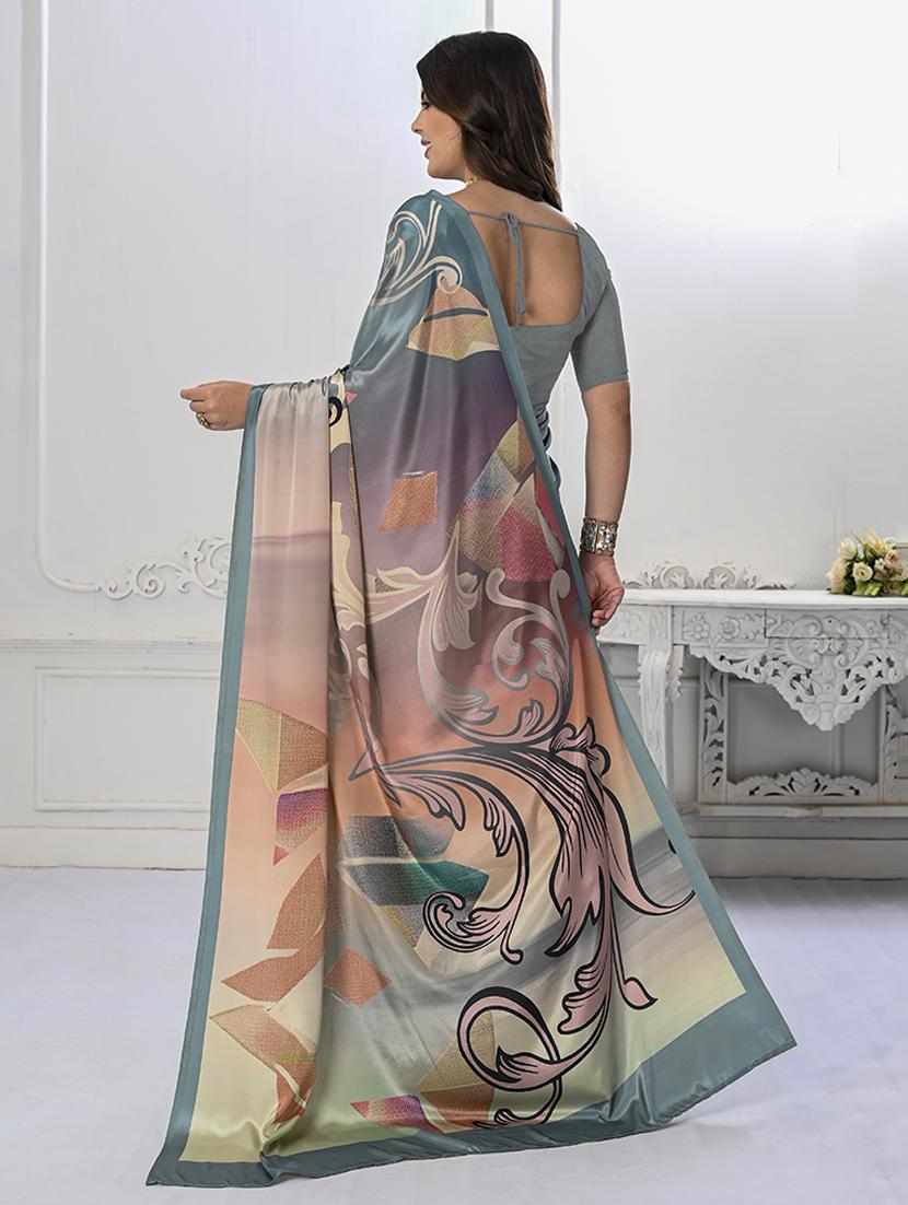 wome blue printed saree with blouse - 21034026 -  Standard Image - 1