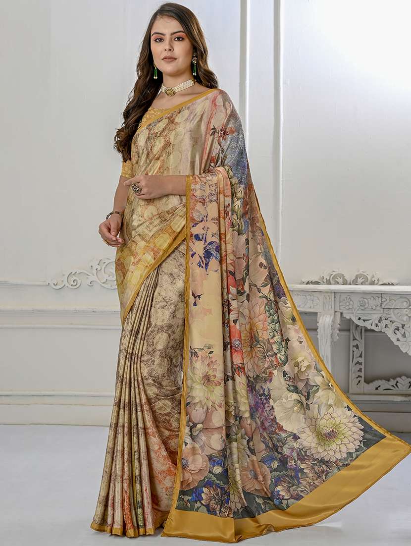 women beige printed saree with blouse