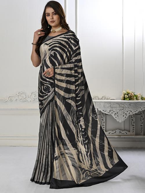women black stripes printed saree with blouse - 21034032 -  Standard Image - 0