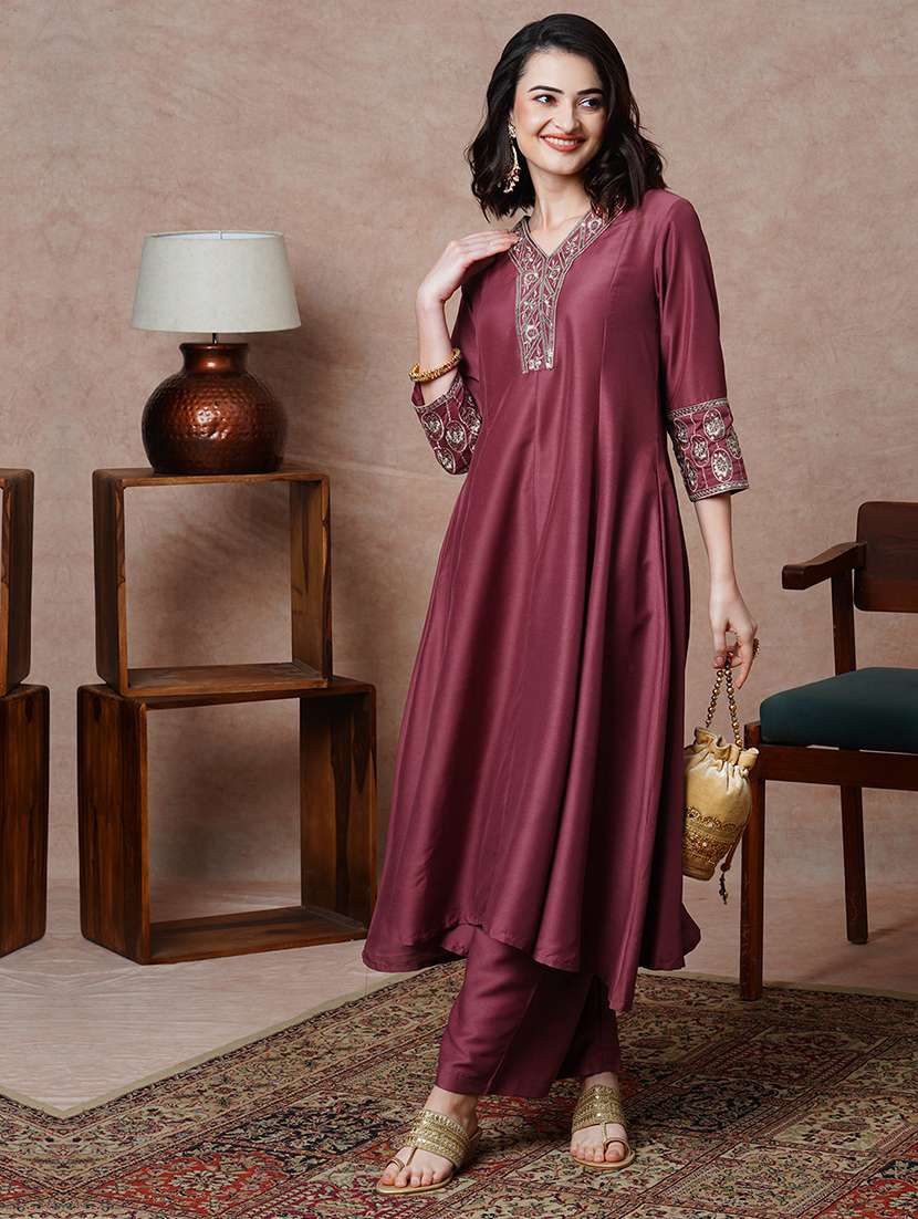 globus women astro dust floral embroidered & sequinned yoke panelled a-line anarkali kurta & pant set