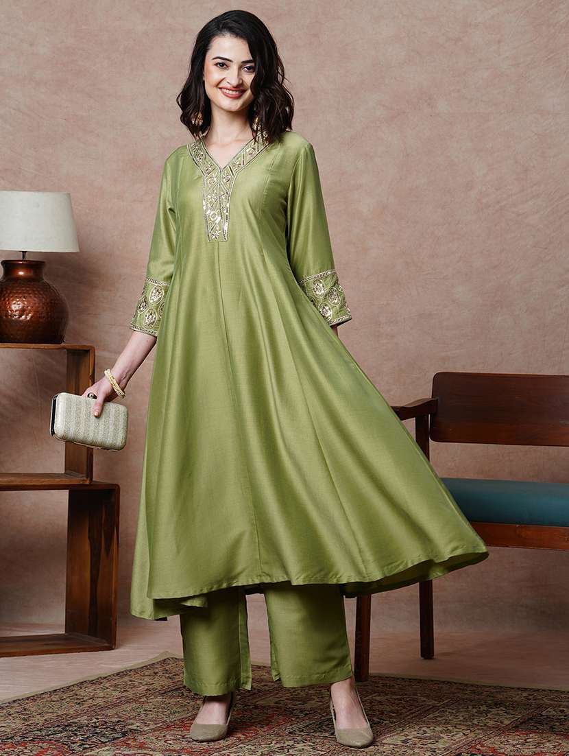 globus women olive floral embroidered & sequinned yoke panelled a-line anarkali kurta & pant set