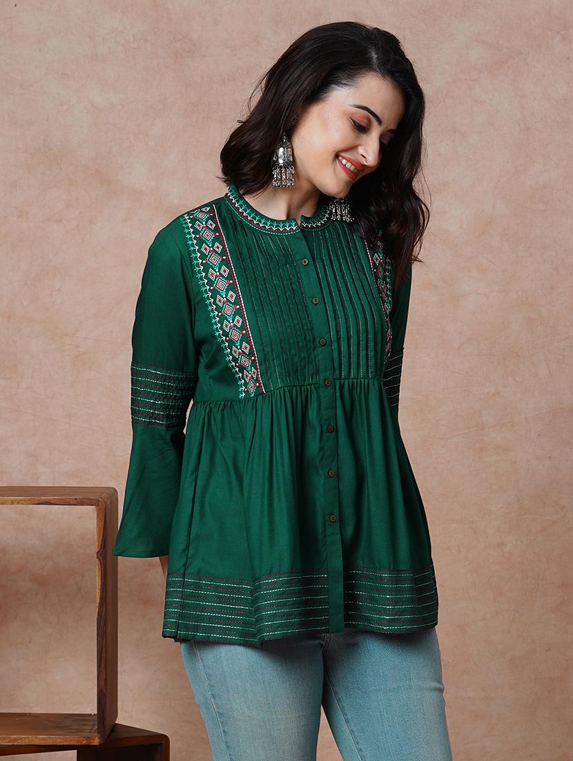 globus women green embroidered & accordion pleats yoke mandarin collar bell sleeves a-line tunic - 21034525 -  Standard Image - 1