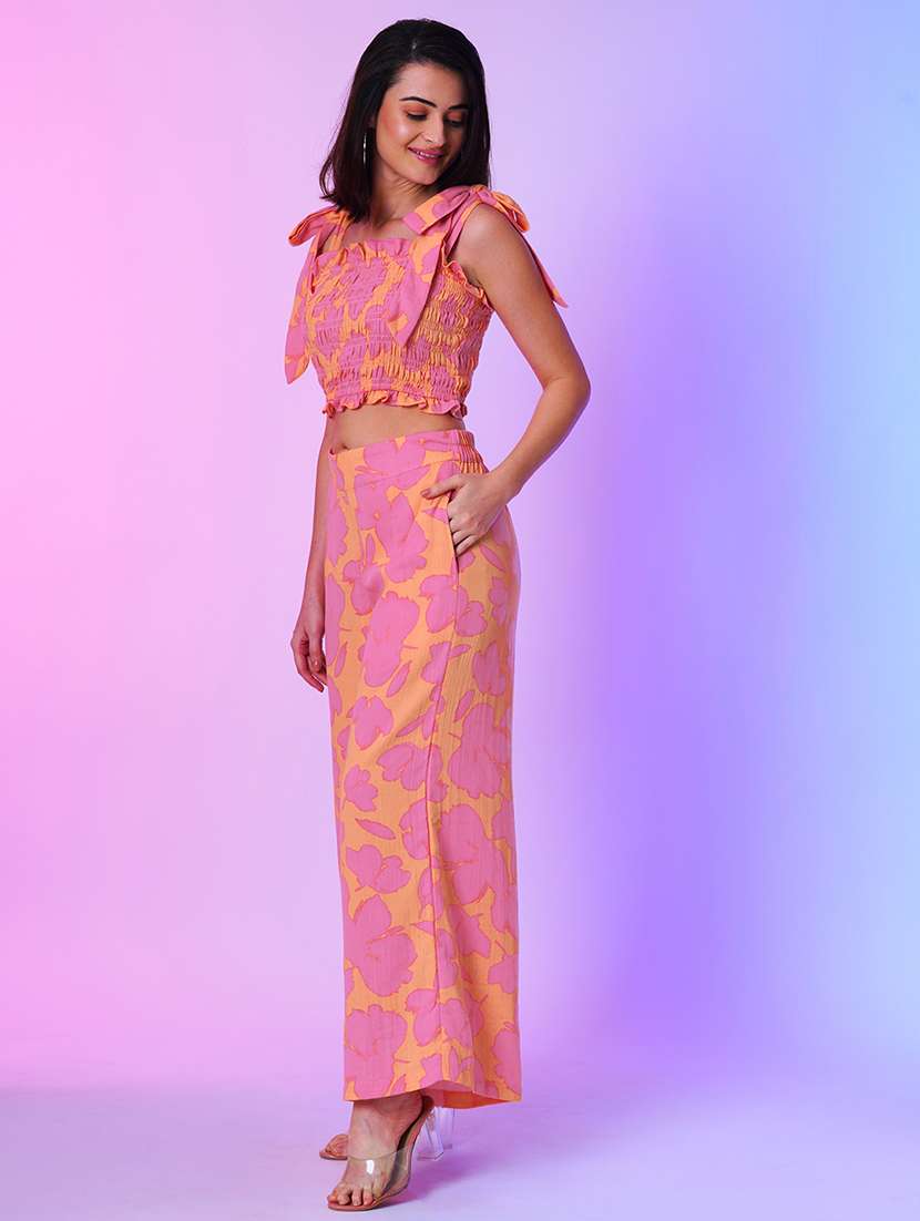globus women multi orange allover floral print square neck shoulder tie-up smocked crop top & flared hem palazzos co-ord set - 21034527 -  Standard Image - 1