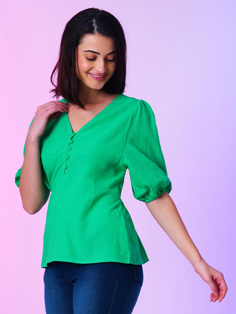 green solid viscose peplum top - 21034531 -  Standard Image - 1