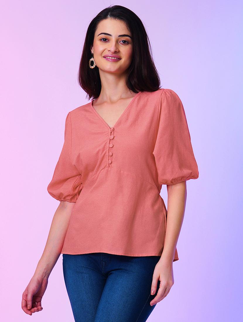 coral solid viscose peplum top - 21034532 -  Standard Image - 1