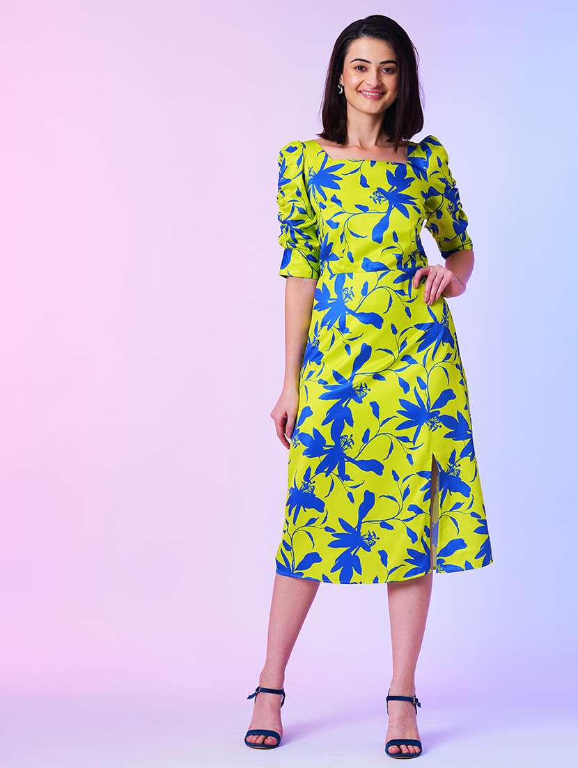 lime green floral print a-line dress - 21034544 - Standard Image - 1