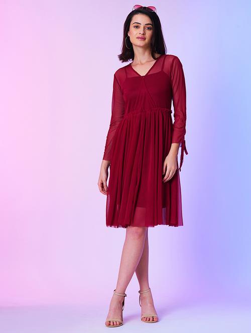 maroon net fit & flare dress - 21034549 - Standard Image - 0
