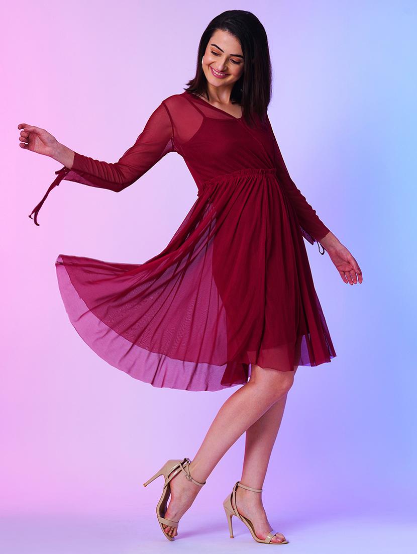maroon net fit & flare dress - 21034549 - Standard Image - 1