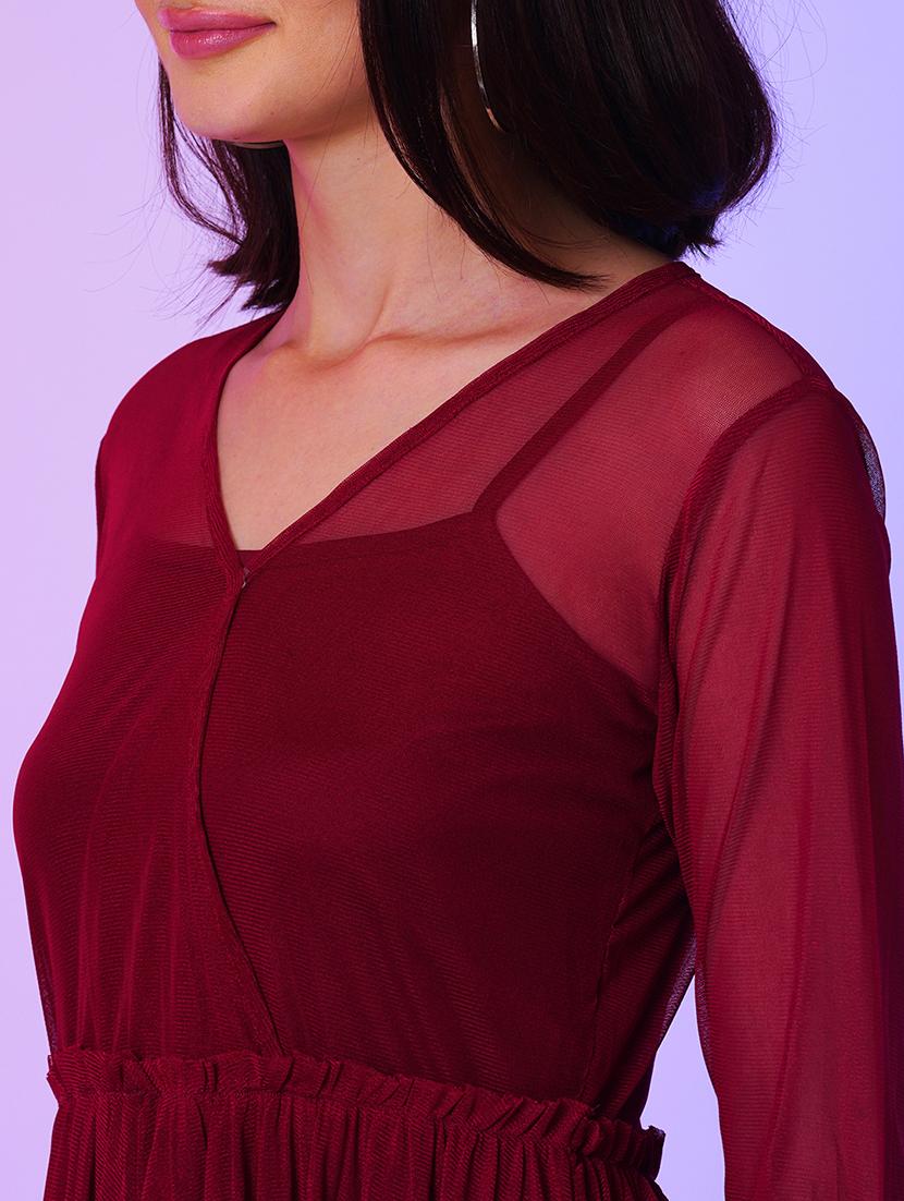 maroon net fit & flare dress - 21034549 - Standard Image - 4