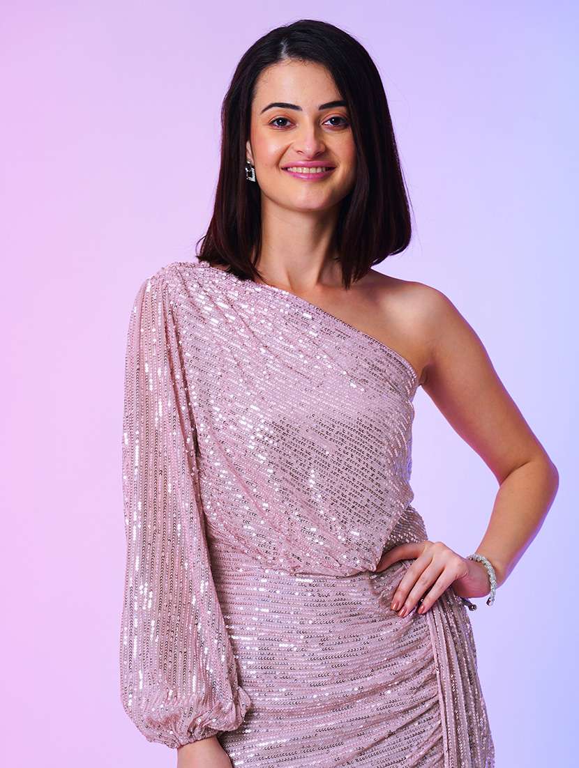 globus women pink sequinned tulip hem bodycon one shoulder party dress - 21034554 -  Standard Image - 4