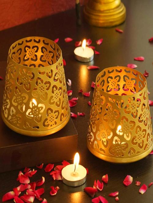 homssy handcrafted metal falter votive goden tea light candle holder pack of 2, 1 wax tea light candle free - 21034578 - Standard Image - 0