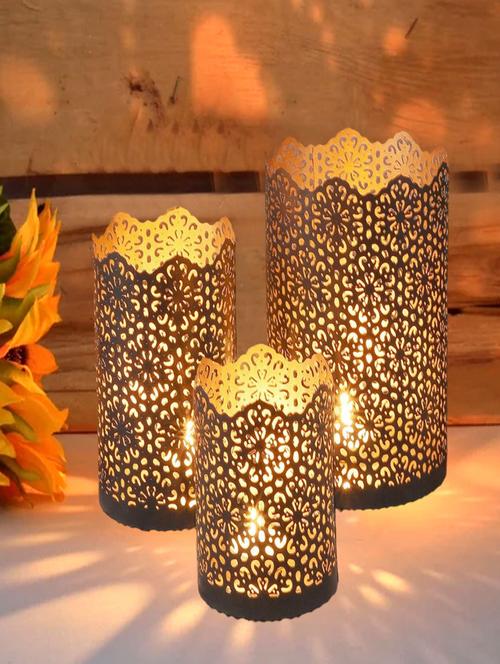 homssy handcrafted metal border votive goden tea light candle holder pack of 3, 1 wax tea light candle free - 21034579 -  Standard Image - 0