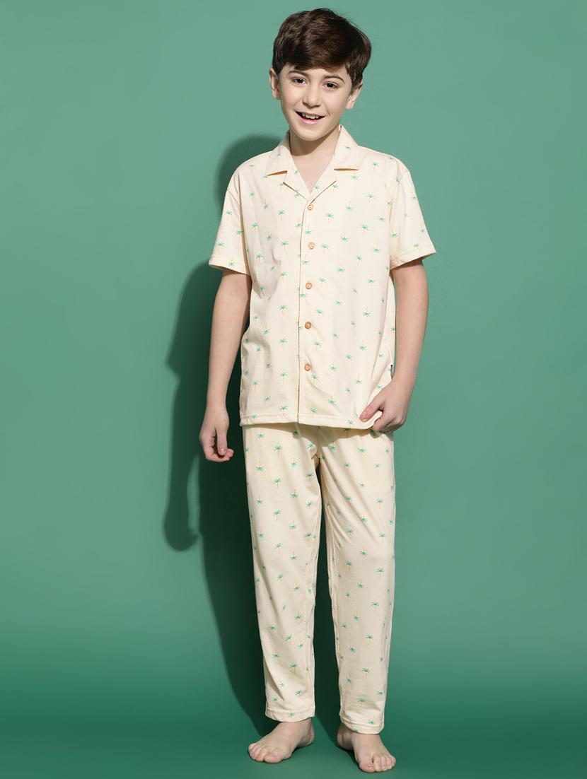 boys beige printed shirt & pyjama set