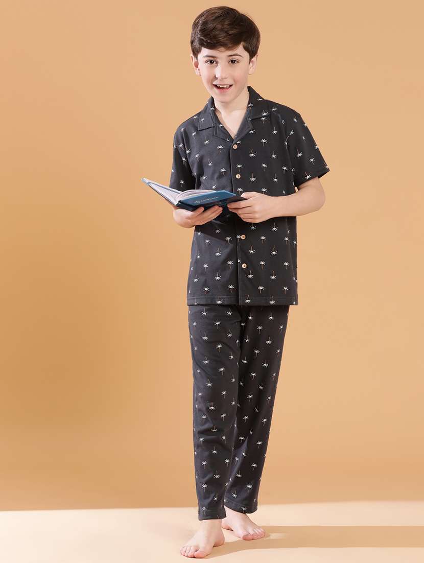 boys black printed shirt & pyjama set