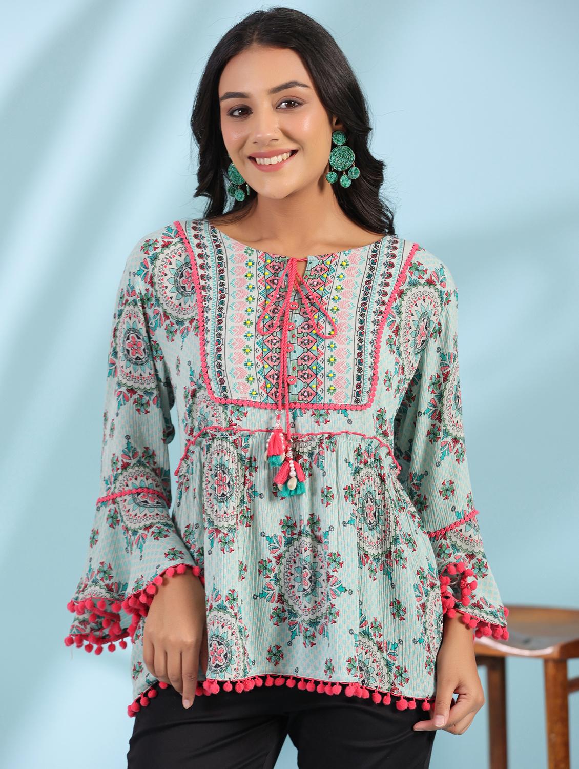 green printed detailed tunic top