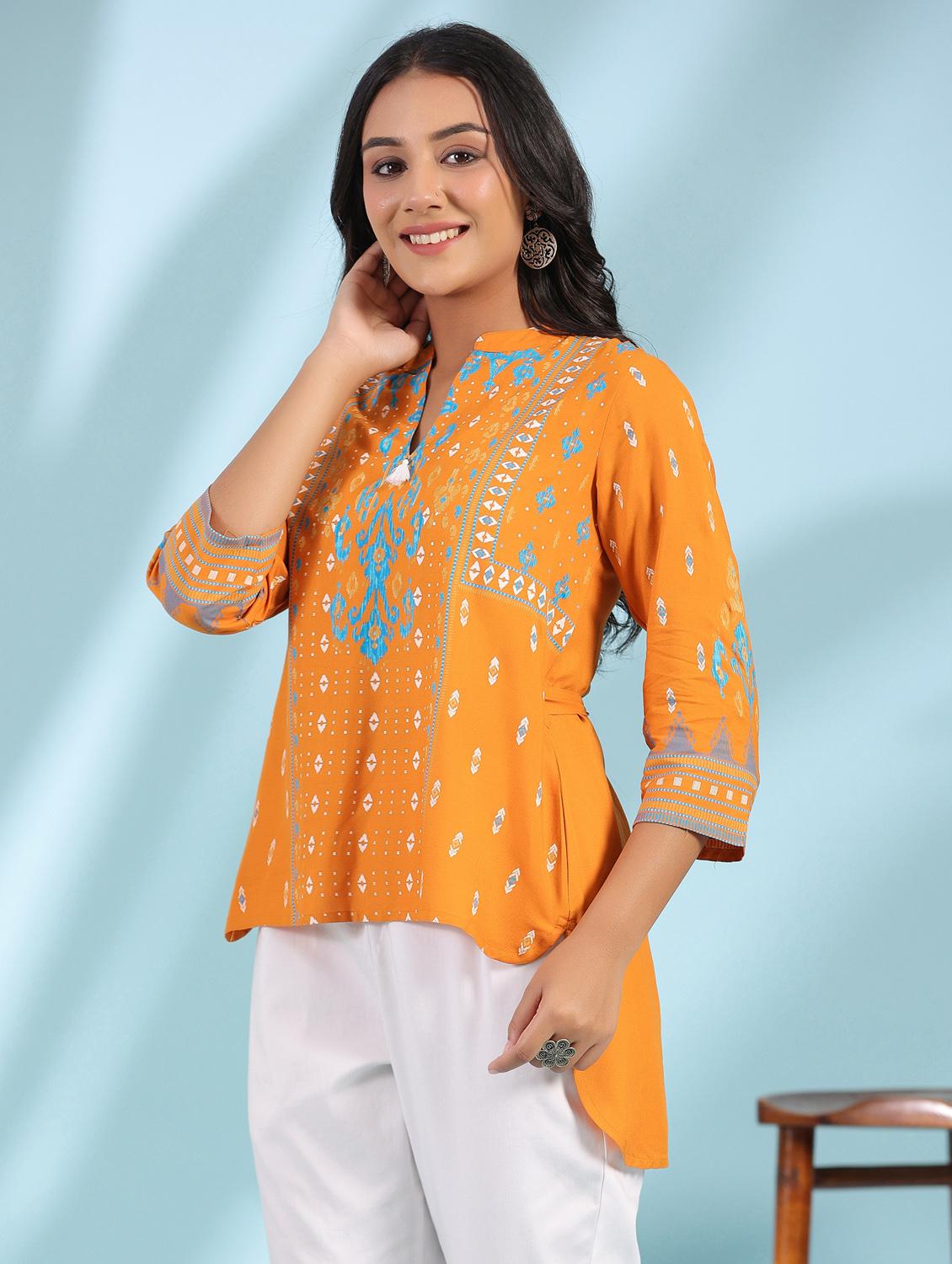 mustard rayon hi-low tunic - 21034863 -  Standard Image - 1