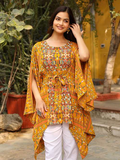 mustard printed detailed tunic top - 21034869 -  Standard Image - 0