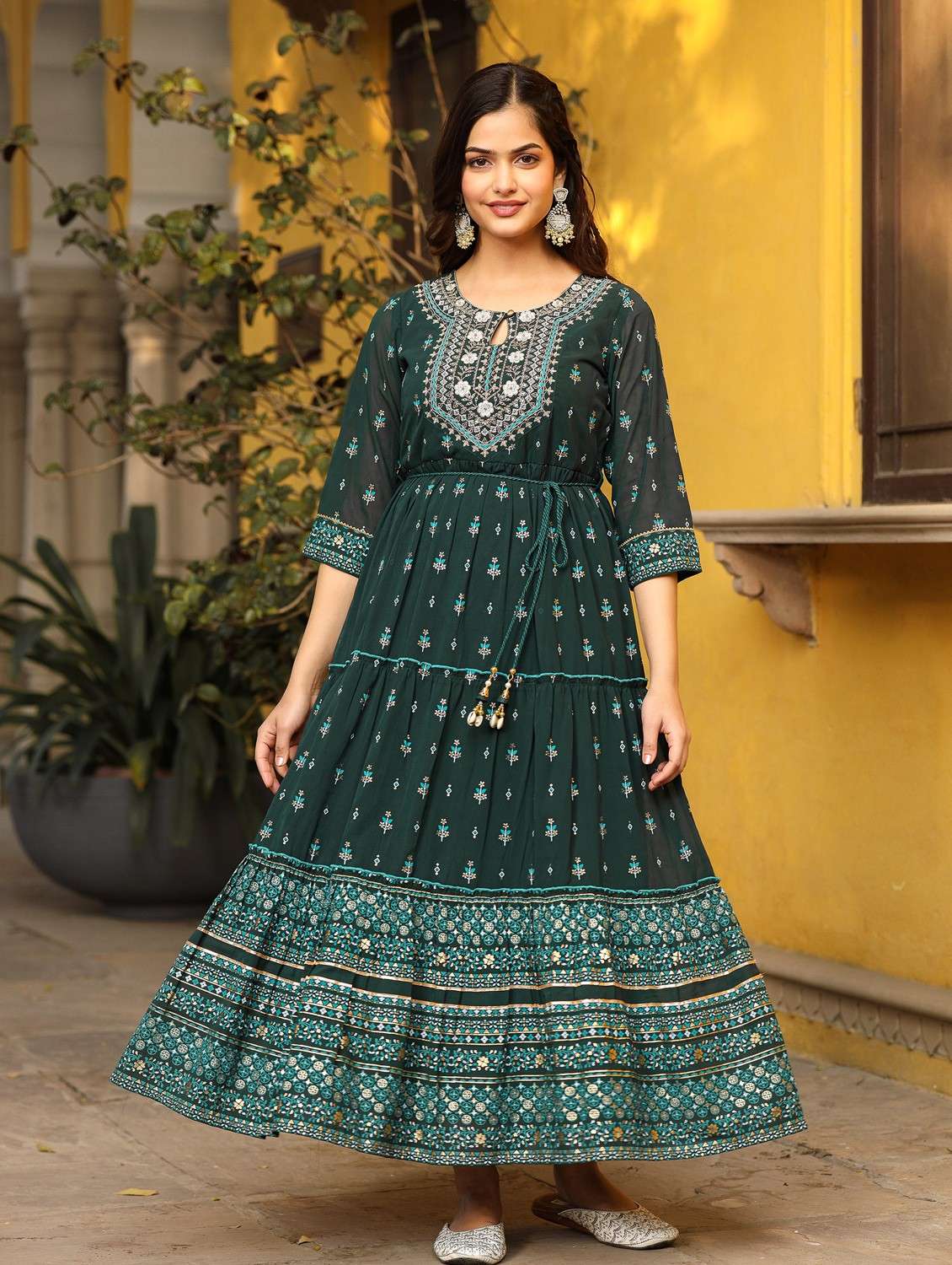 bottle green printed tiered ethnic dress - 21034894 -  Standard Image - 1