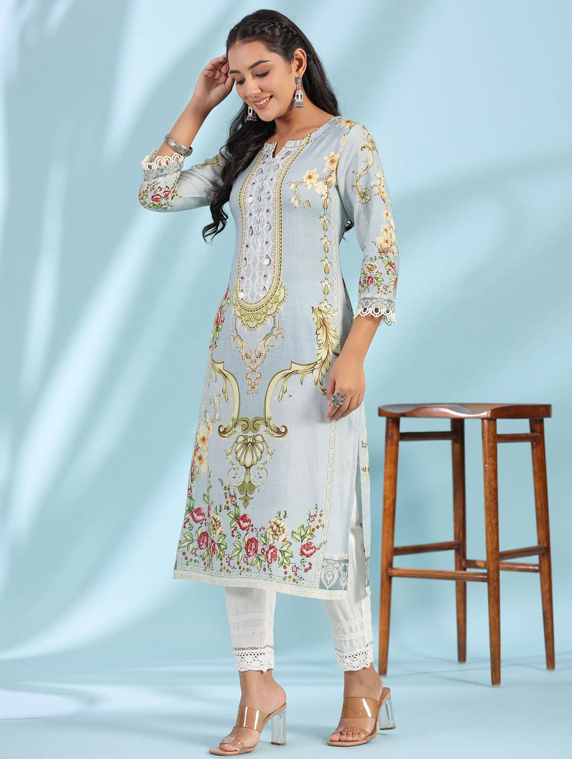 grey three quarter sleeve straight kurta - 21034951 -  Standard Image - 1
