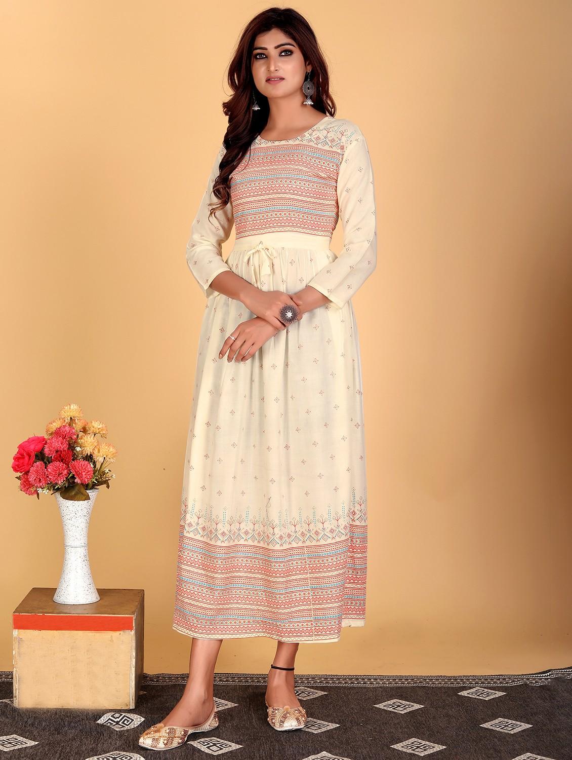 cream cotton blend flared kurta - 21034961 - Standard Image - 1