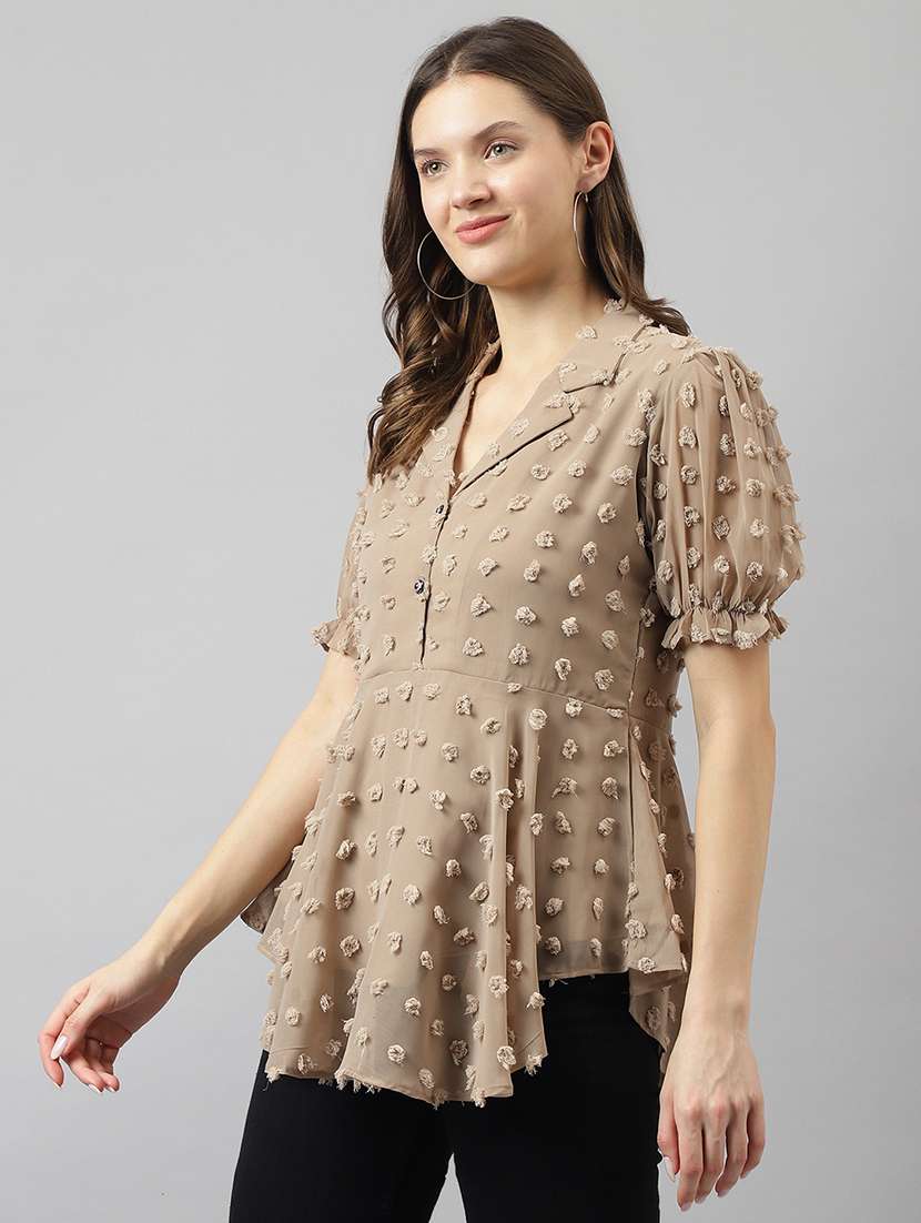 women beige puff sleeves a-line top - 21036529 - Standard Image - 1