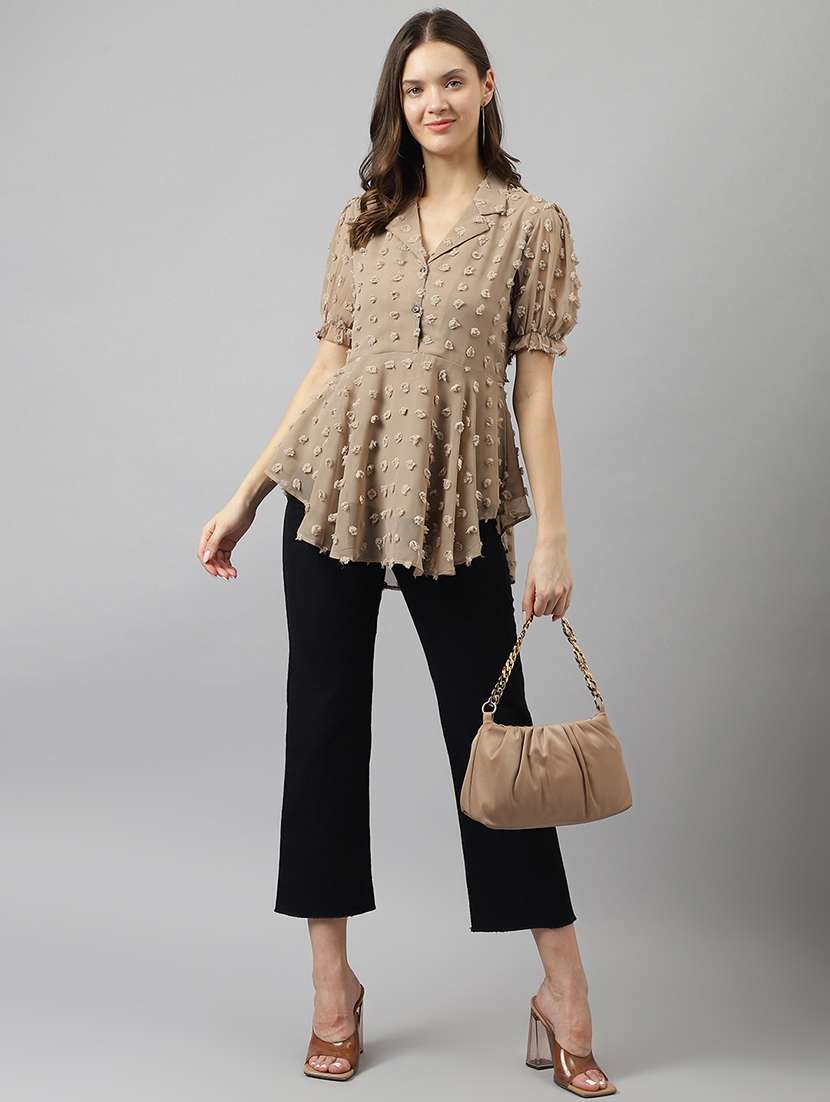 women beige puff sleeves a-line top - 21036529 - Standard Image - 4