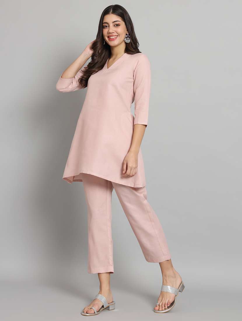 women pink v neck kurta pant set  - 21036662 -  Standard Image - 1