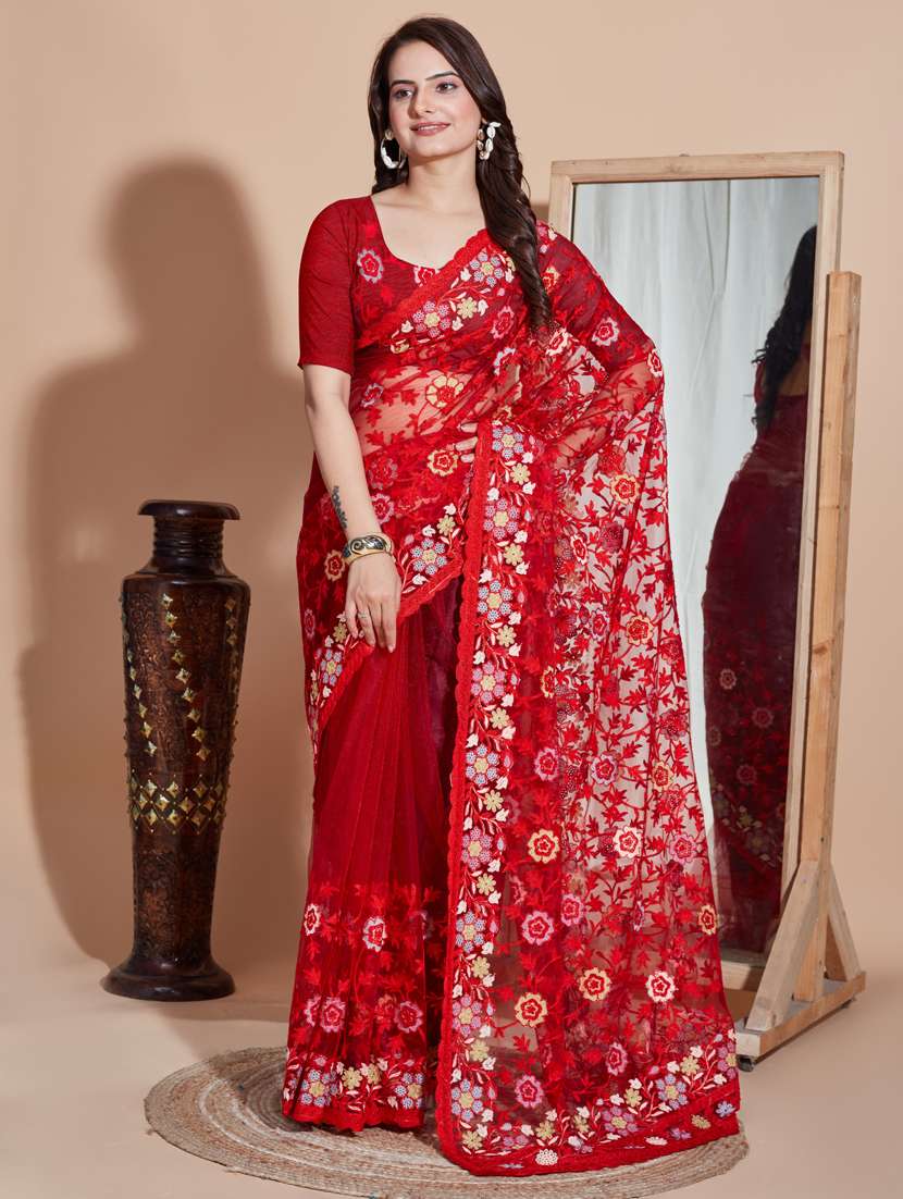 women embroidered net saree with blouse