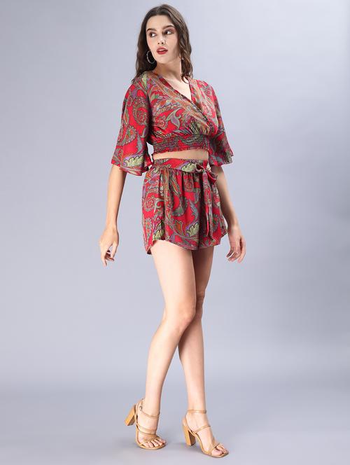 red printed top and shorts co-ord set - 21036892 - Standard Image - 0
