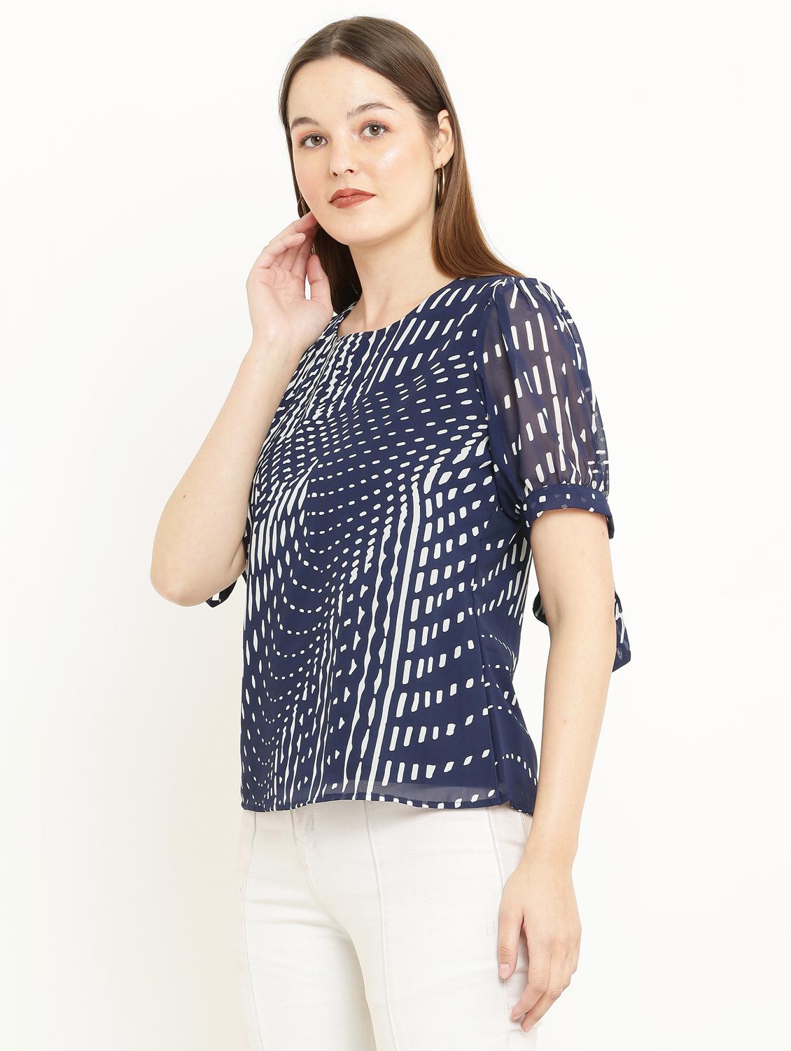 blue printed round neck top - 21037493 - Standard Image - 1