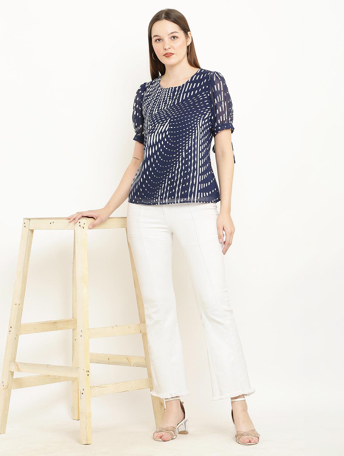 blue printed round neck top - 21037493 - Standard Image - 4