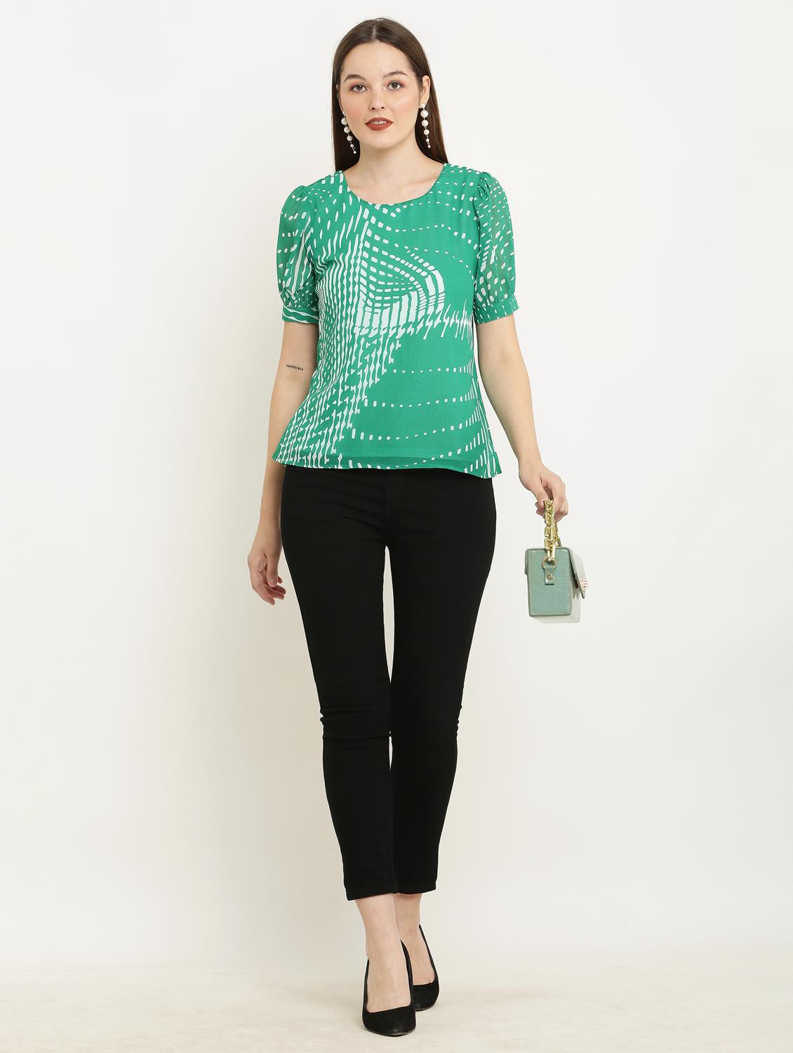 green printed round neck top - 21037494 - Standard Image - 4