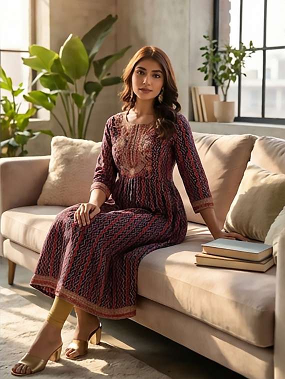 women printed three quarter sleeve kurta