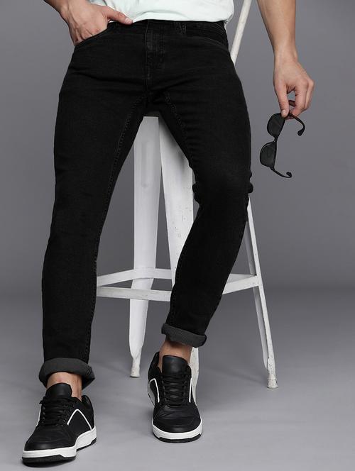 men black mid rise plain jeans - 21043892 - Standard Image - 0