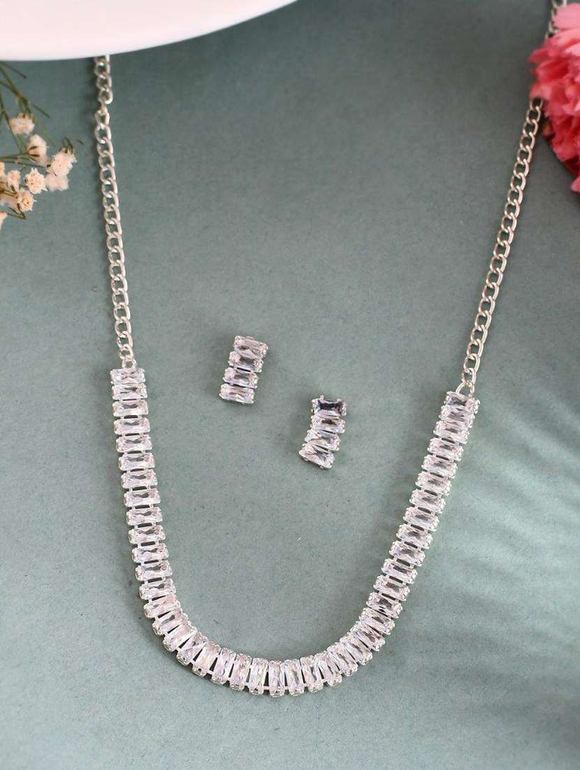 silver plated white cubical beads choker set with earrings