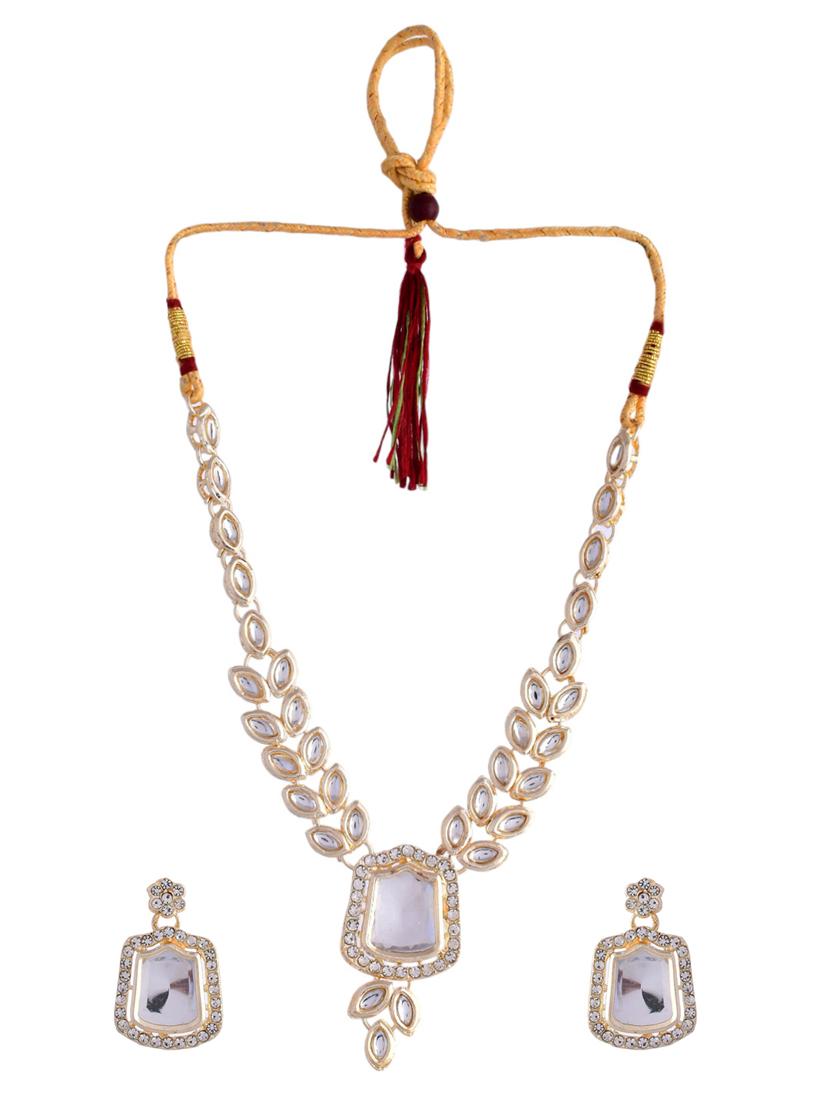 handcrafted white kundan necklace and earrings set - 21048011 - Standard Image - 1