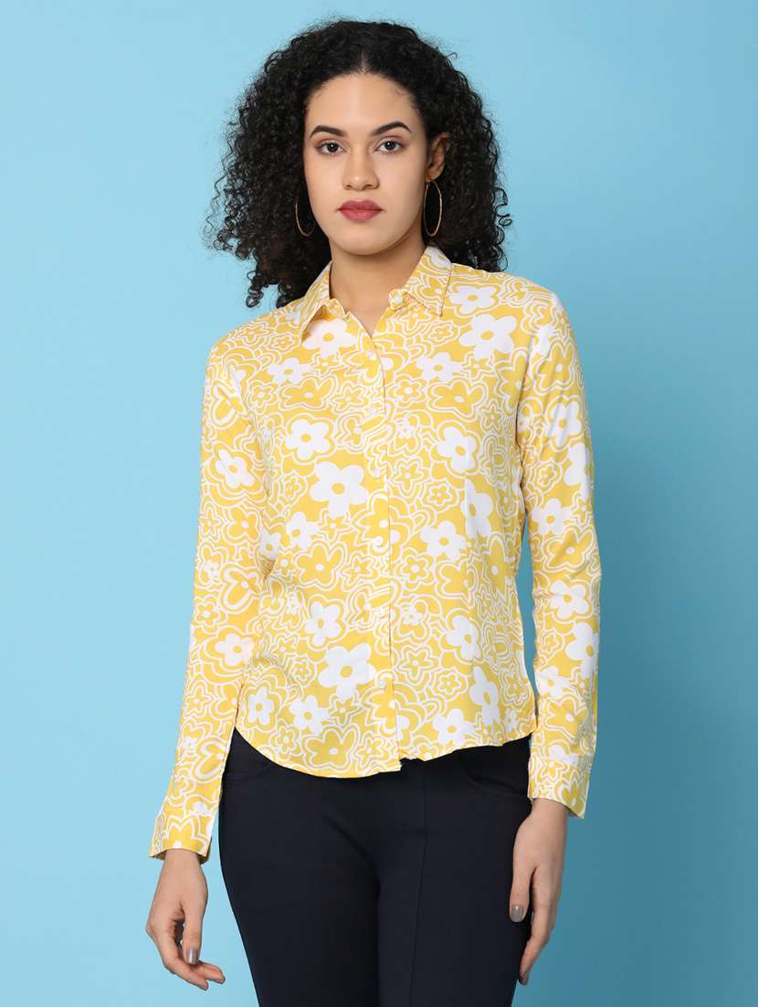women floral printed collared long sleeves shirt