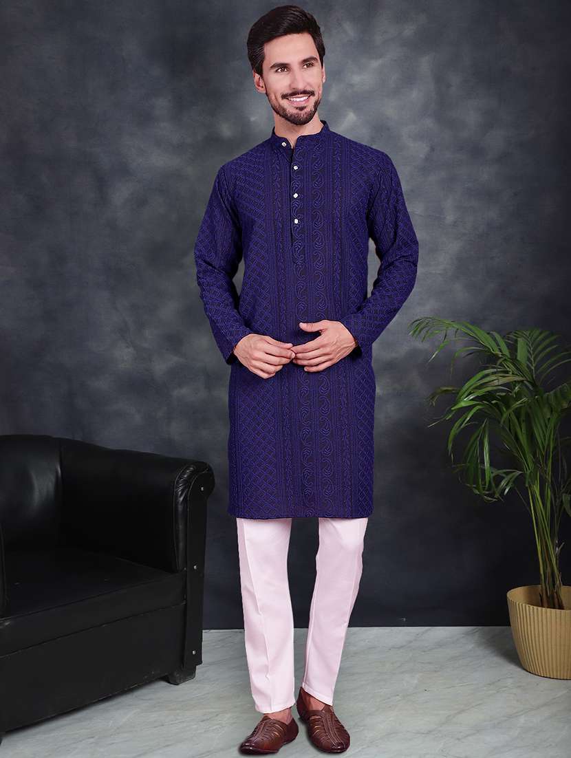 men solid with work mandarin neck long kurta