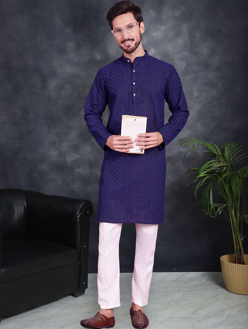 men solid with work mandarin neck long kurta - 21049925 -  Standard Image - 1