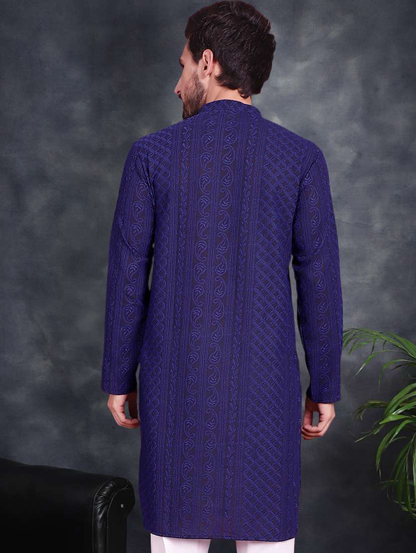 men solid with work mandarin neck long kurta - 21049925 -  Standard Image - 4