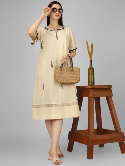 beige embroidered detailed a-line dress - 21049955 - Standard Image - 0
