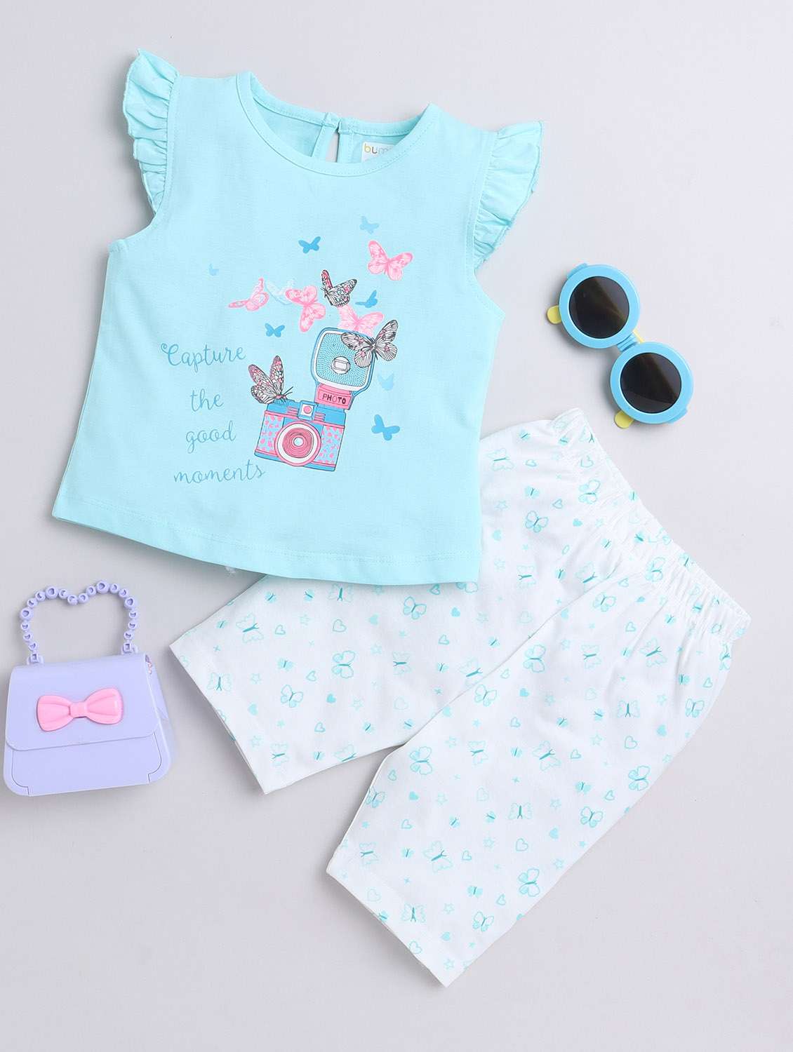 green printed detailed top & capri set
