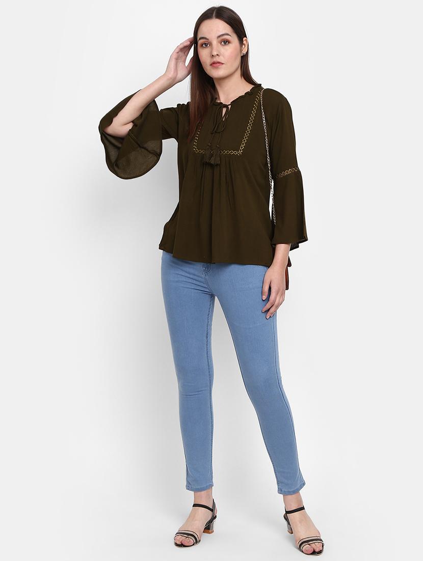 olive green cotton regular top - 21050982 - Standard Image - 4
